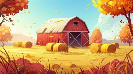 Sticker - Farm Fable: Cartoon Barn Illustration with Hay Piles