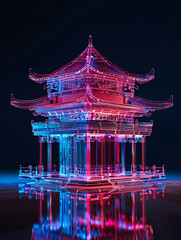 Classical Chinese architecture hologram line X-ray technology background 3D rendering
