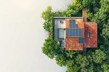 Birds eye view of house with solar panels, sunny day, isolated white background