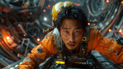 Asian American male engineer, as he crawls on his hands and knees through a constricted space in a futuristic power plant.generative ai