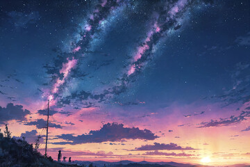 Wall Mural - Beautiful Landscape Background Night Sky Stars Clouds Oil Painting View Wallpaper Landscape Light milky way Purple and Blue Anime style Magic and Colorful