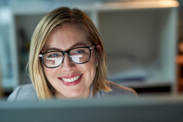 Poster - Computer, portrait and glasses of happy woman in office for reading email, planning and working at night. Professional, career and receptionist for administration, research and business information