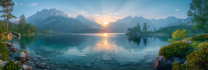 Wall Mural - Serenity Unfolds: Dawn's Majesty over Mountain Lake