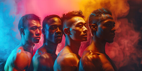 Gay pride, Boys next door concept. Group profile art portrait of proud 30 years old men posing on colourful background made of smoke, neon lights. Banner style. Studio shot