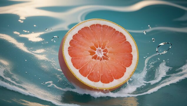 A close-up image of a juicy grapefruit half making a splash in water
