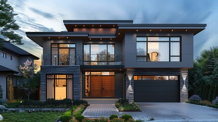 3d rendering of modern two story house with gray and wood accents, large windows, parking space in the right side of the building. Clear summer evening with cozy light from window