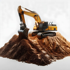 The excavator stands on the earthen mountain on a white isolated background	