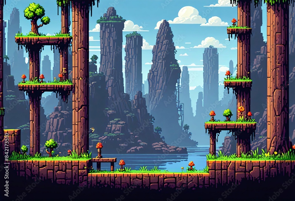 asset for a bit pixel platform mobile game,dirt grass wood tree bush ...