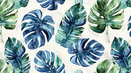 Contemporary watercolor tropical leaf pattern for textile design with a retro summer theme and vintage exotic print
