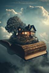 Wall Mural - Floating house above books, atop clouds, with a tree beside. 📚🏠☁️🌳 A dreamlike scene merging literature, nature, and fantasy, inspiring awe and imagination.
