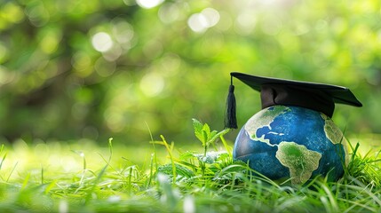 Wall Mural - Graduation cap with Earth globe. Concept of global business study, abroad educational, Education in Global world, Study abroad business in universities in worldwide green background