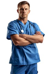 Poster - an anxious male surgeon doctor wearing a blue scrubs shirt uniform, The physician stands with arms crossed and hand holding a stethoscope. Healthcare professional, generative ai