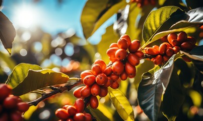Close shot of mature coffee berries on tree