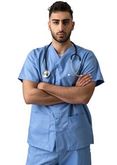 Poster - an anxious male surgeon doctor wearing a blue scrubs shirt uniform, The physician stands with arms crossed and hand holding a stethoscope. Healthcare professional, generative ai