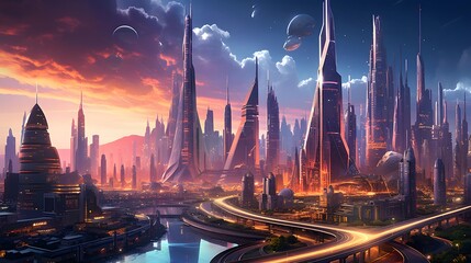 Futuristic city with skyscrapers and roads at night.