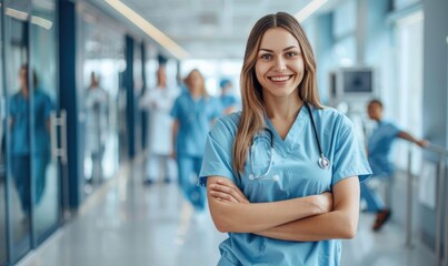 Wall Mural - A happy medical woman nurse stands in hospital