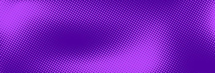 Poster - Purple halftone pattern. Retro comic gradient background. Violet pixelated dotted texture overlay. Cartoon pop art faded gradient pattern. Vector backdrop for poster, banner, advertisement