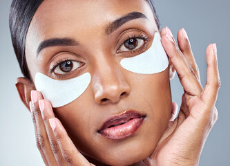 skincare, portrait and indian woman with eye mask in studio for beauty, dermatology and hydration co