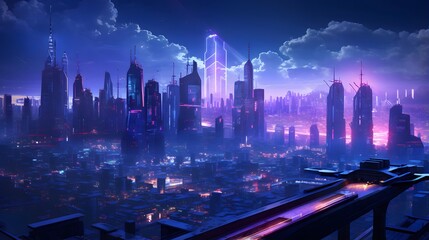 Wall Mural - Foggy city at night. 3d render. Futuristic cityscape