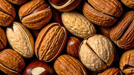 A lot of nuts on the table, ready to eat in different sizes and dimensions.