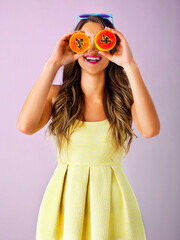 Sticker - Smile, papaya on eyes and woman in studio for healthy eating, nutrition and detox for wellness. Food, happy and person with fruit for organic diet, wellbeing and natural vitamins on pink background