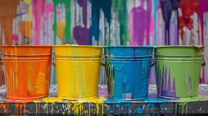 Wall Mural - Paint buckets with dripping color. 