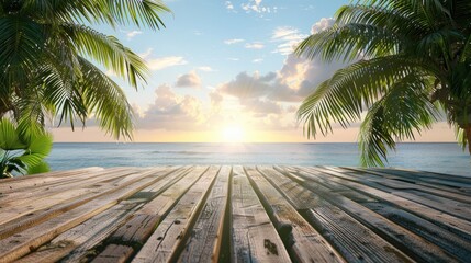 Wall Mural - Wooden table or jetty surface with palm fronds and coastal scenery in daylight