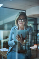 Aufkleber - Business woman, app and tablet with typing, email for deadline as project manager in web agency for communication. Female person, office and working on tech for connection as professional for company