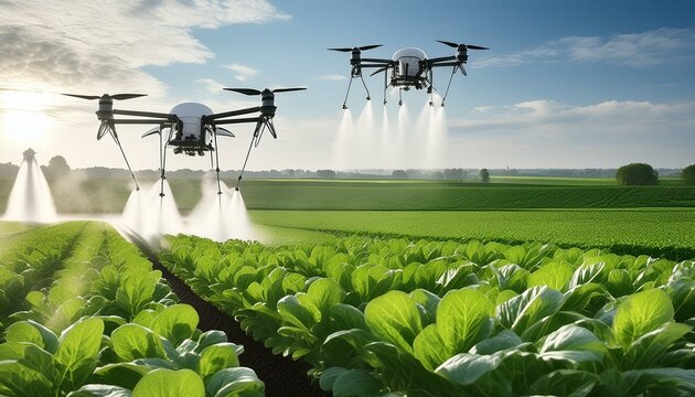 Agricultural drones spraying crops in green farmland. Futuristic high-tech agriculture concept.