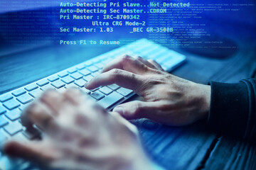 Fototapete - Hands, hacker and cyber security, overlay and website access. Data protection, online cybercrime and code, person with network system for fraud and programming virus for internet web technology