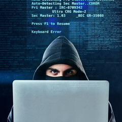 Fototapete - Man, laptop and portrait on blue background for hacking, phishing and malware error with virus. Hacker, technology and software for cyber crime, programming and cryptocurrency thief with coding