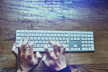 Fototapete - Hacker, hands and cyber security, password and website access. Digital, data protection and online cybercrime, programming virus for internet web technology and person with network system for fraud