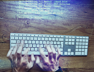 Fototapete - Hacker, hands and cyber security, password and website access. Digital, online cybercrime and data protection, programming virus for internet web technology or person with network system for phishing