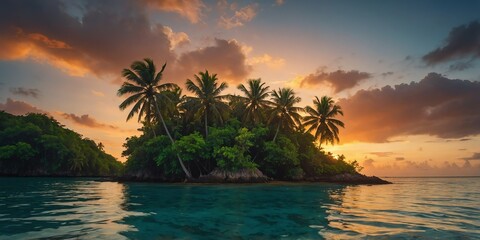 Wall Mural - deserted tropical island sunset wide angle panoramic symmetric banner background