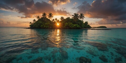 Wall Mural - deserted tropical island sunset wide angle panoramic symmetric banner background