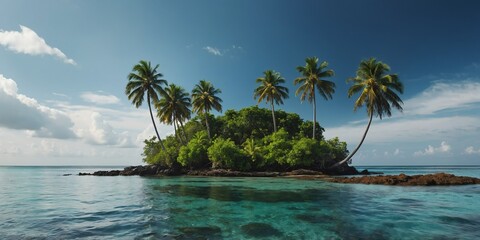 Wall Mural - deserted tropical island wide angle panoramic symmetric banner background