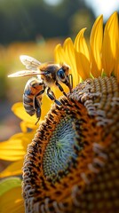 A bee pollinating a sunflower on a sunny summer day. 