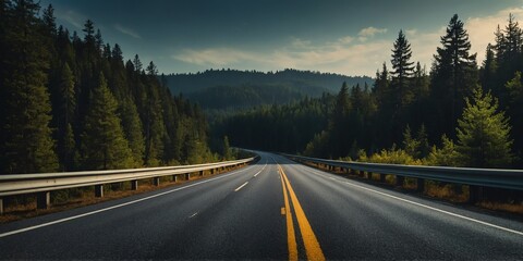 Wall Mural - highway on forest wide angle panoramic symmetric banner background