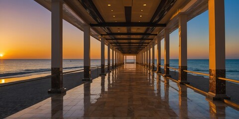 luxury beach resort and hotel hallway sunset wide angle panoramic symmetric banner background