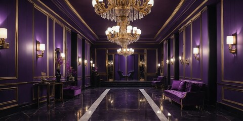 Wall Mural - purple luxury hotel hallway wide angle panoramic symmetric banner background