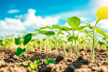 soybean growth in farm with blue sky background. agriculture plant seeding growing step concept