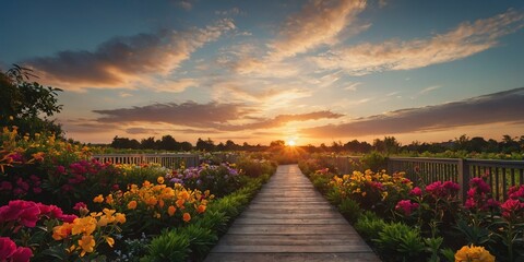 Wall Mural - walkway on flower garden sunset wide angle panoramic symmetric banner background