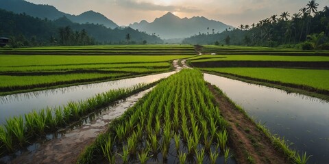 Wall Mural - walkway on rice farm wide angle panoramic symmetric banner background