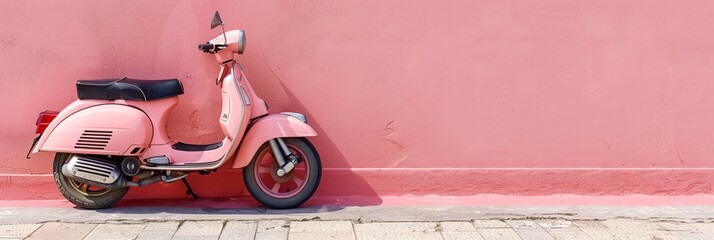 pink  vespa parked near pink stucco wall no people for graphic resource, concept of travel, urbanscape, transporation, life style and status of mind