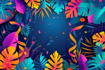 Canvas Print - Festive background with colorful tropical leaves, flowers, lights and confetti. Summer party, Songkran festival or Brazilian carnival. Template with copy space for banner, poster, card