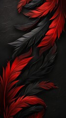 Red and black feathers on dark textured background, abstract art. Elegant decor concept