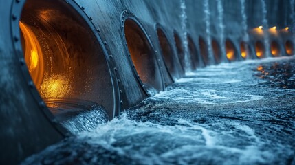 Poster - Hydroelectric dam turbines and outlets. Hydroelectric dam with water flowing through large turbine outlets, glowing with warm orange lights, creating an industrial scene.
