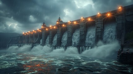 Poster - Hydroelectric dam during heavy rainfall. Hydroelectric dam with water powerfully surging through its spillways during heavy rainfall, illuminated by glowing yellow lights.