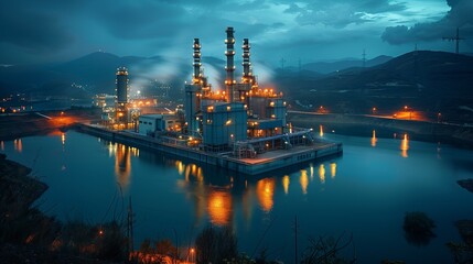 Poster - Hydroelectric power plant at night. Hydroelectric power plant glowing with lights at night, situated by a river, illustrating the integration of technology and nature.