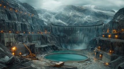 Poster - Massive dam construction in mountain. Massive dam under construction in a mountainous area, showcasing the scale and complexity of modern engineering projects.